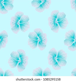 Seamless wild floral pattern with nasturtium. Hibiscus flowers background. Botanical Motifs scattered random. Texture for fashion print. Beautiful exotic plant. Vector illustration.Blue colors.