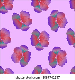 Seamless wild floral pattern with nasturtium. Hibiscus flowers background. Botanical Motifs scattered random. Texture for fashion print. Beautiful exotic plant. Vector illustration. Pink colors.