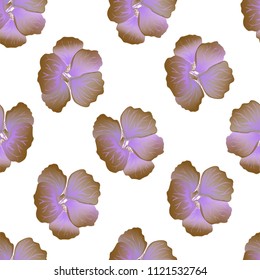 Seamless wild floral pattern with nasturtium. Hibiscus flowers on white background. Botanical Motifs scattered random. Texture for fashion print. Beautiful exotic plant. Vector illustration.
