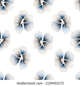Seamless wild floral pattern with nasturtium. Hibiscus flowers on white background. Botanical Motifs scattered random. Texture for fashion print. Beautiful exotic plant. Vector illustration.