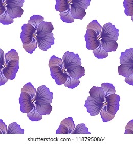 Seamless wild floral pattern with nasturtium. Purple hibiscus flowers on white background. Botanical Motifs scattered random. Texture for fashion print. Beautiful exotic plant. Vector illustration.
