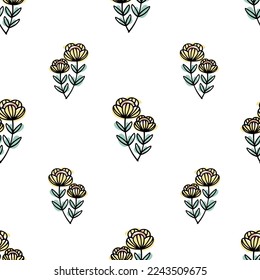 Patrón de doodle de flores silvestres sin foco. Patrón con plantas silvestres pastel sobre fondo blanco. Ideal para papelería, envoltura de regalo, decoración de bodas, Afiche, invitaciones