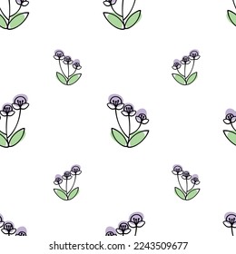 Patrón de doodle de flores silvestres sin foco. Patrón con plantas silvestres pastel sobre fondo blanco. Ideal para papelería, envoltura de regalo, decoración de bodas, Afiche, invitaciones