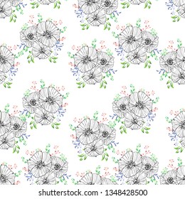seamless wild flower poppies. Botanical herb fabric surface pattern design