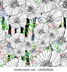 seamless wild flower poppies. Botanical herb fabric surface pattern design