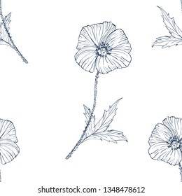 seamless wild flower poppies. Botanical herb fabric surface pattern design