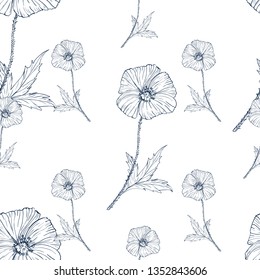 seamless wild flower poppies. Botanical herb fabric surface pattern design