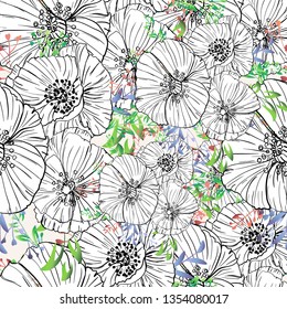 seamless wild flower poppies. Botanical herb fabric surface pattern design