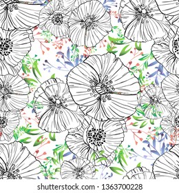 seamless wild flower poppies. Botanical herb fabric surface pattern design