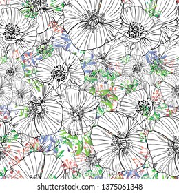 seamless wild flower poppies. Botanical herb fabric surface pattern design