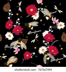 seamless Wild flowers and insect illustrations. Hand drawing styler with french greeting pattern on black background.