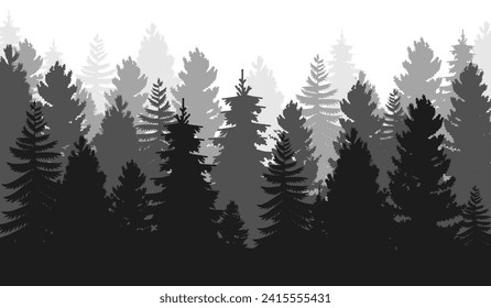 Seamless wild forest silhouette background or landscape with pine, coniferous and christmas tree. Vintage fir tree and pine mountain forest. Natural environment and winter floral botanical garden.