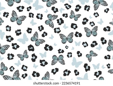 seamless wild leopard blue butterfly hand drawn design