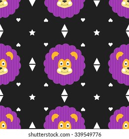 Seamless wild life lion pattern vector illustration. Animal leo geometric background in cute doodle cartoon style for kids with Africa jungle pets.