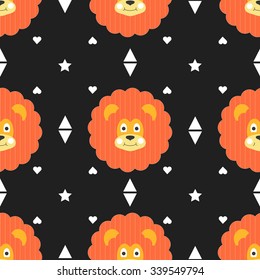 Seamless wild life lion pattern vector illustration. Animal leo geometric background in cute doodle cartoon style for kids with Africa jungle pets.
