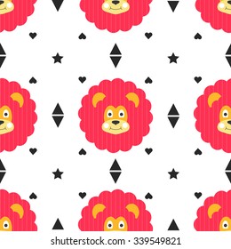 Seamless wild life lion pattern vector illustration. Animal leo geometric background in cute doodle cartoon style for kids with Africa jungle pets.