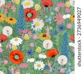 Seamless wild meadow flower pattern with poppies daisies dandelions and herbs, colorful hand drawn botanical illustration for textile wallpaper and surface design