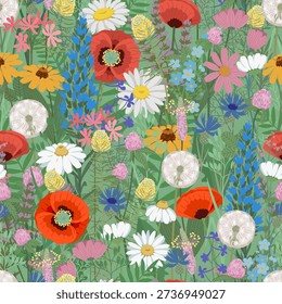 Seamless wild meadow flower pattern with poppies daisies dandelions and herbs, colorful hand drawn botanical illustration for textile wallpaper and surface design