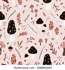Seamless wild mushroom pattern on ground forest background