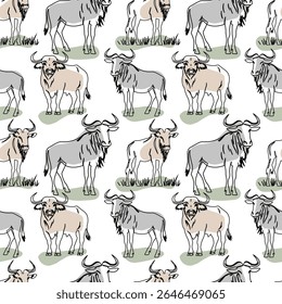 Seamless Wildebeest Pattern in Hand-Drawn Vector Style. Repeating Vector Illustration of Wildebeest on Grass