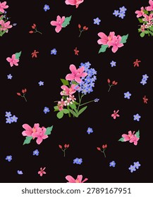 Seamless Wildflower Pattern with Pink Blossoms and Blue Forget Me Not Flowers on Dark Background, Botanical Vector for Fabric, Text