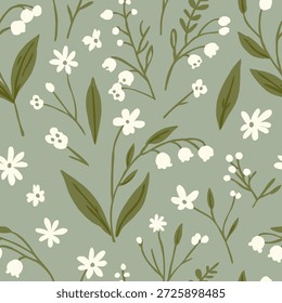 Patrón de flores silvestres sin fisuras con flores Pequeñas blancas y hojas verdes de olivo sobre fondo verde salvia, Ilustración vectorial botánica mínima para el diseño de tela y Fondo de pantalla.