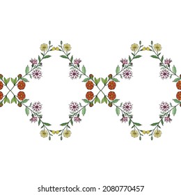 Seamless wildflowers border with repeating diamond pattern. Vector illustration template for different design.