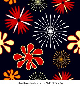 Seamless wildflowers and dandelions retro pattern. 1960s style. Red, yellow, white on dark blue. Backgrounds & textures shop.