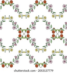 Seamless wildflowers pattern with repeating diamond-shaped border ornament.  Vector illustration for festive design, packaging, wallpaper, fabric, textile, stationery, accessories.