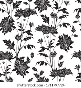 Plantilla de flores silvestres impecables.Patrón floral sin fisuras. Fondo de la Flor de margarita. Silueta de tejas florales con flores y hojas Jardín floreciente de primavera. fondo blanco y negro. 