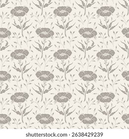 Seamless Wildflowers Vector Gray Beige Pattern. Floral Monochrome Background with Flowers, Leaves, Berry Branches. Beautiful Ditsy Floral Print for Spring, Summer, Autumn Nature Vintage Wallpaper