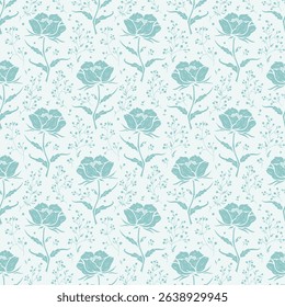 Seamless Wildflowers Vector Turquoise Pattern. Floral Monochrome Background with Flowers, Leaves, Berry Branches. Beautiful Ditsy Floral Print for Spring, Summer, Autumn Nature Vintage Wallpaper