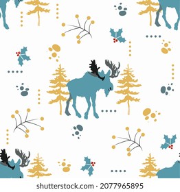 Seamless wildlife, winter pattern with moose in forest design, vector illustration. Hand drawn Scandinavian print design. Nordic animal, winter background.