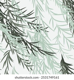 Seamless willow branches and leaves pattern, vector background tile template