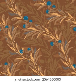 A seamless winding vector pattern with diagonal trailing branch with golden caramel leaves and vibrant blue berries. Perfect for digital designs, textiles, and nature inspired prints.