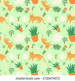 Seamless windy pattern with cat, cups, indoor plants and tea leaves. Home comfort