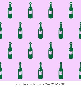 Seamless Wine Bottle Textile Print Pattern. Mediterranean Atmosphere. Travel Vacation Rest Theme. Summer Resort Fabric Swatch Doodle Line Art Hand Crafted Decoration. Simple Sketch Outline Drawing
