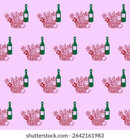 Seamless Wine Bottle Textile Print Pattern. Mediterranean Atmosphere. Travel Vacation Rest Theme. Summer Resort Fabric Swatch Doodle Line Art Hand Crafted Decoration. Simple Sketch Outline Drawing