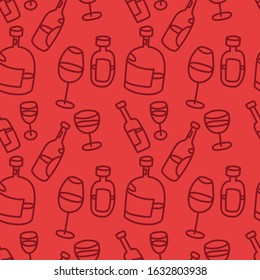 seamless wine pattern with bottles and glasses isolated on red background