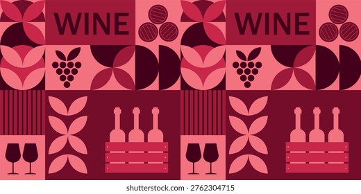 Seamless wine pattern with grapes bottles glasses and geometric shapes modern design ideal for packaging branding textiles and winery themed backgrounds