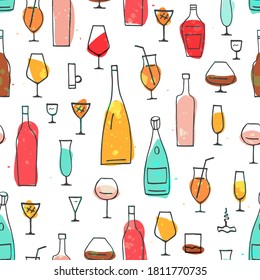 Seamless wine pattern with stylized bottles and glasses. Vector illustration