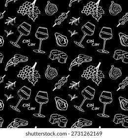Vinho sem costura e tapas linha padrão de arte com uvas, figos, ostras, pizza e azeitonas no preto.