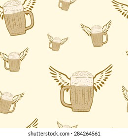 Seamless winged beer mugs on a light background