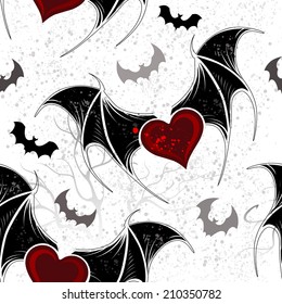 Seamless with winged hearts on gray grunge background. 