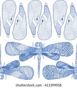 seamless wings and dragonfly pattern. vintage blue background.