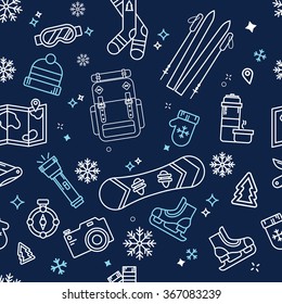 Seamless Winter Adventure Pattern with Vacation Elements. Vector illustration in outline style