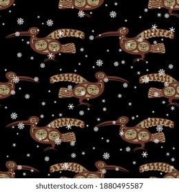 Patrón animal de invierno sin foco con tótem estilizado y copos de nieve. Arte étnico nativo americano de los indios Nootka.