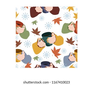 Seamless winter autumn pattern with female hands holding chocolate cup. Falling leaves snow flakes isolated on white backgrownd. Vector repeated print of cozy hot tea or coffee cup. Orange green color