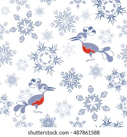 Seamless winter  background. Birds and snow flakes.