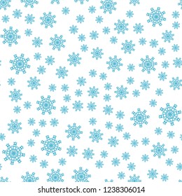 Seamless winter background with blue snowflakes on white background.